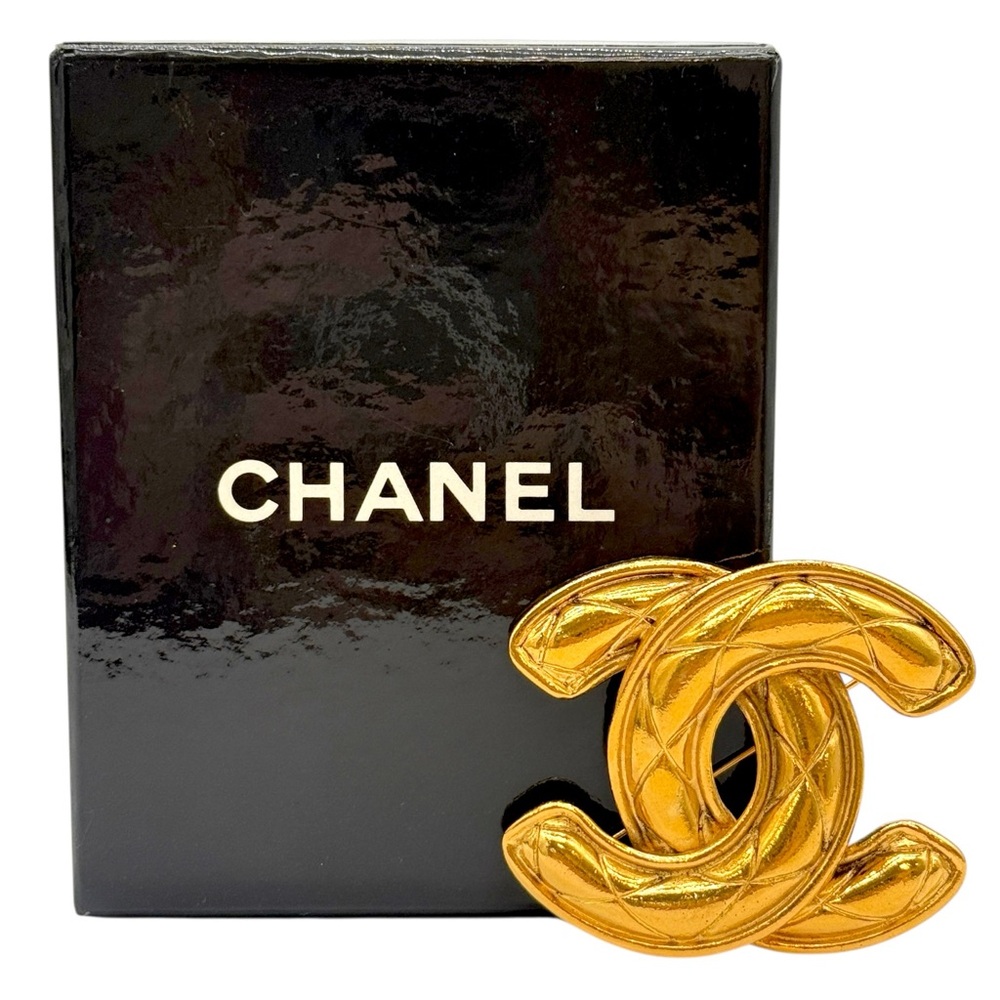 Vintage Chanel Quilted Matelasse Coco Mark Large Brooch, Gold Plated, Women's
